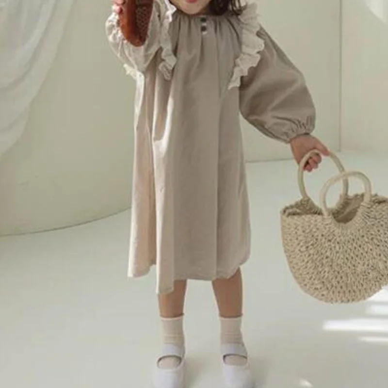 family easter outfits 2022 Korean Style Spring Kids Girls Dresses Apricot Coffee Long Sleeves Round Collar Ruffles Child Vestido Baby Dresses E1494 matching family outfits