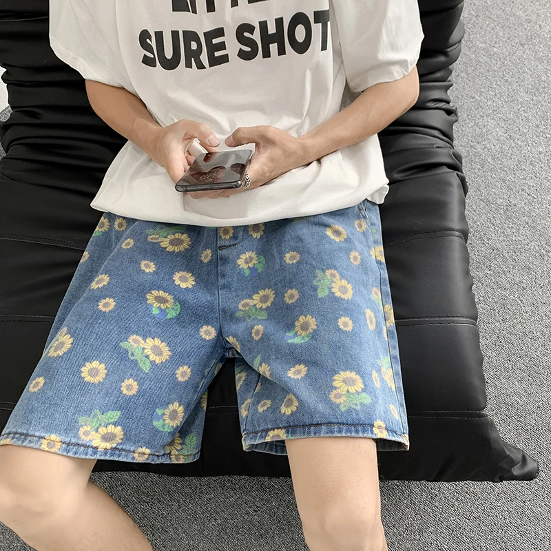 Summer Denim Shorts Men Fashion Drawstring Retro Flower Shorts Men Streetwear Hip-hop Loose Print Denim Shorts Mens Beach Shorts
