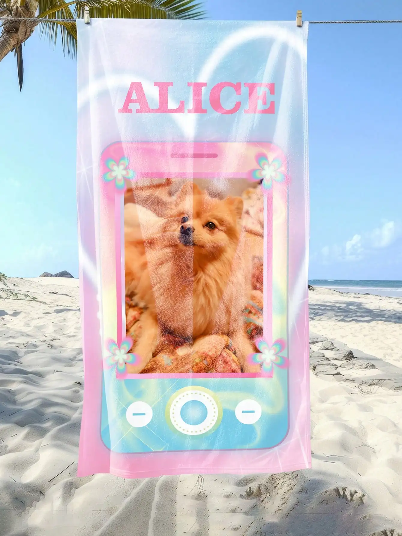 1PC Pink Romantic Background Personalized Custom Beach Towel - Customizable Name & Photo - Perfect for Beach Use