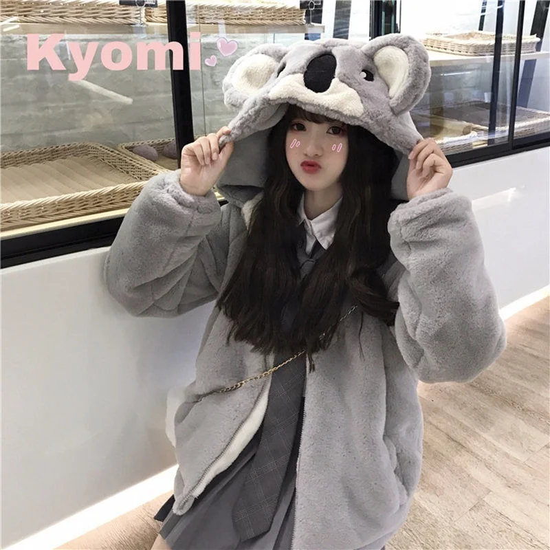 Women Cute Plush Thick Warm Spring Autumn Jacket Lovely Girl Student Furry Hoodies  Jackets Kawaii Koala Ears Hooded Sweatshirts - AliExpress