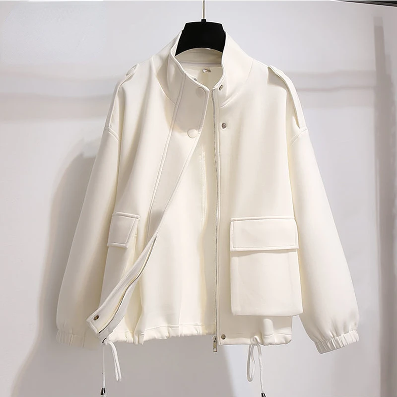 

Casual Stand Collar White Jackets Women Oversize Lace Up Loose Short Chaquetas Cotton New Spring Coats Pocket Basic Veste N123