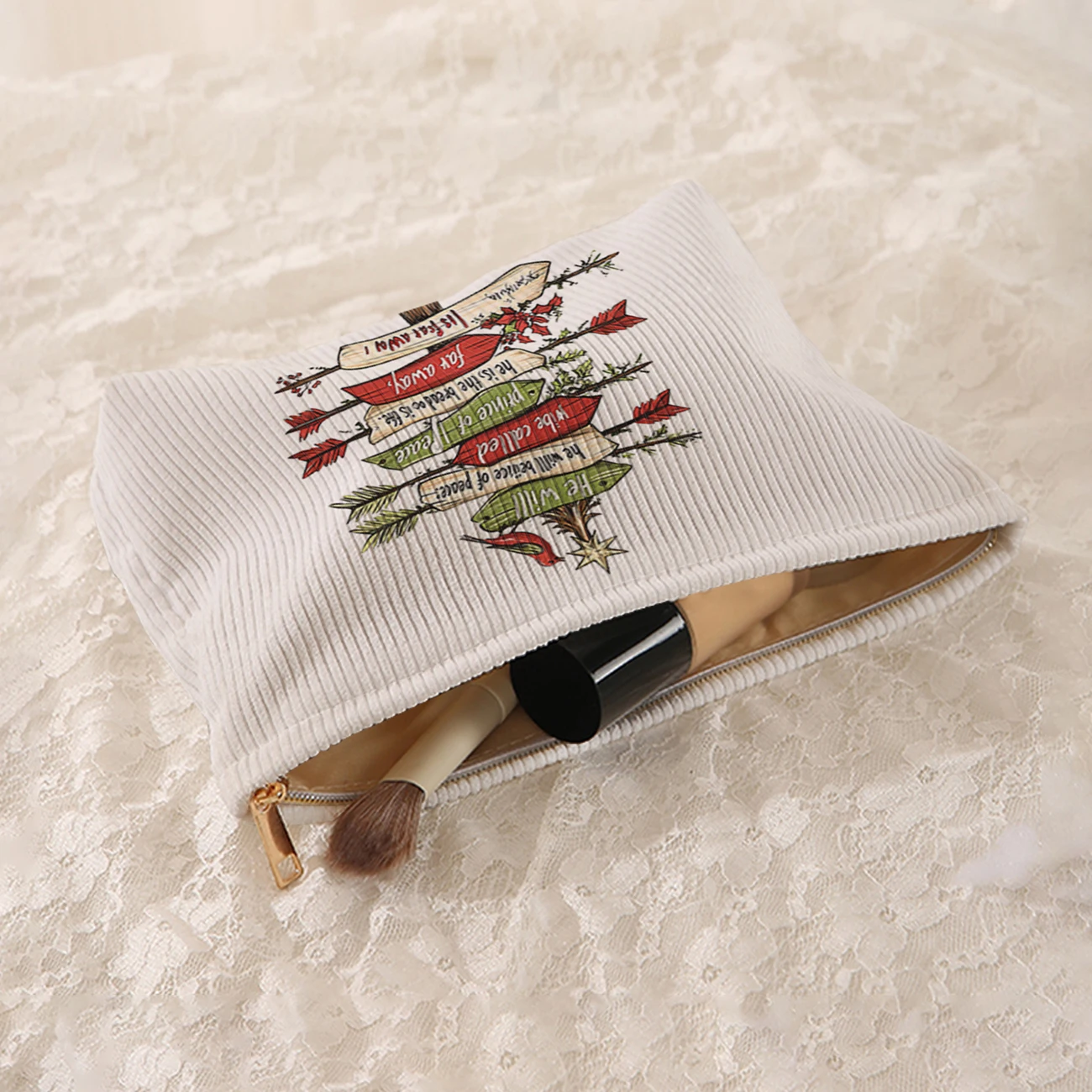 1 Christmas themed corduroy makeup bag, lightweight zipper makeup storage box, multifunctional bag with lining