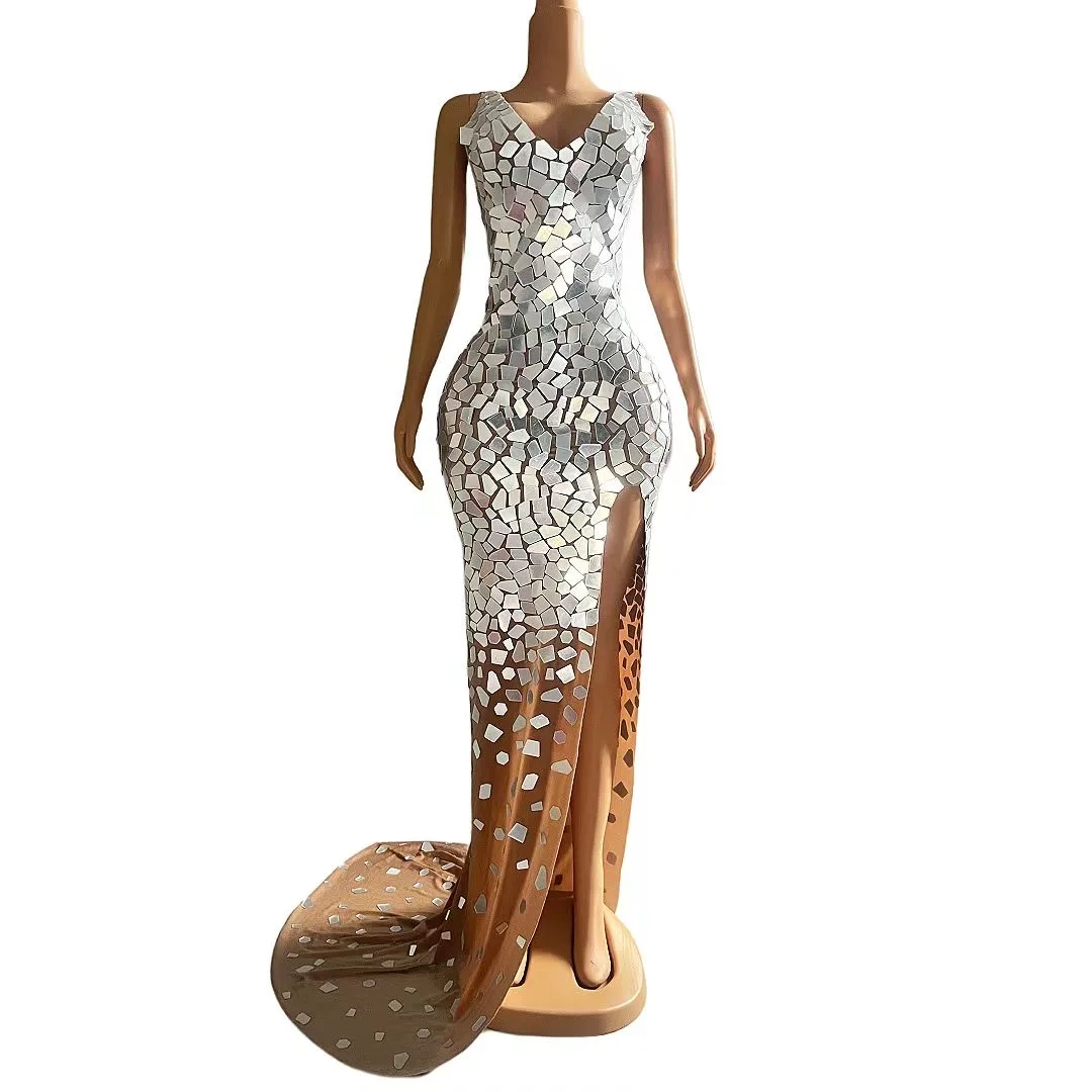 

Shining Silver Mirrors Birthdav Celebrate VelvetLong Train Dress Prom Party Sexy SleevelessEvening Costume pianwei