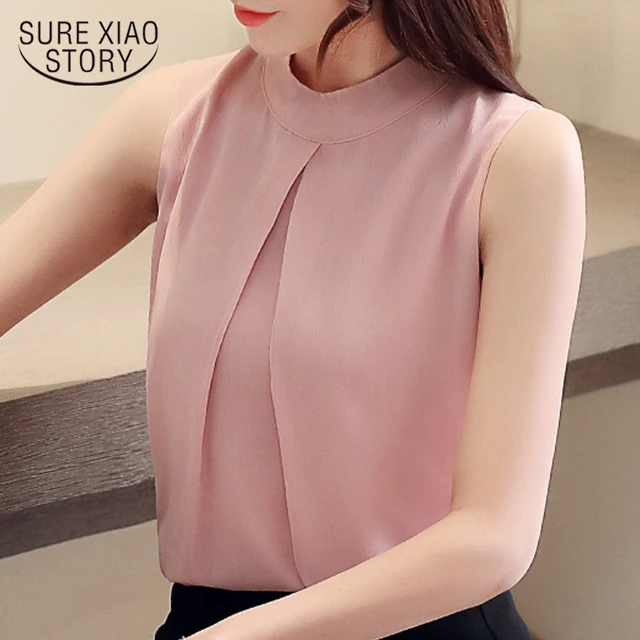 Blusa de gasa sin mangas para mujer, camisa elegante con cuello color liso, a la moda, 2023, 50, 3884 -