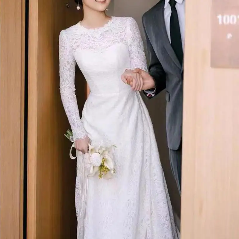 Soft Lace Wedding Dresses Classic O-neck Bridal Dress With Long Sleeve New Elegant A Line Simple Vestidos De Novia Customized 6