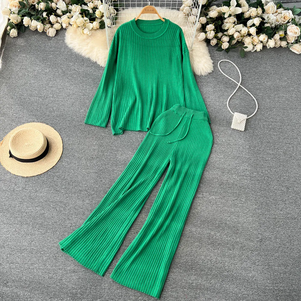 

Autumn New Salt Series Ladies Show Thin and Meat-covering Long-sleeved Knitted Sweater Tops Casual Long Pants Women's Suits