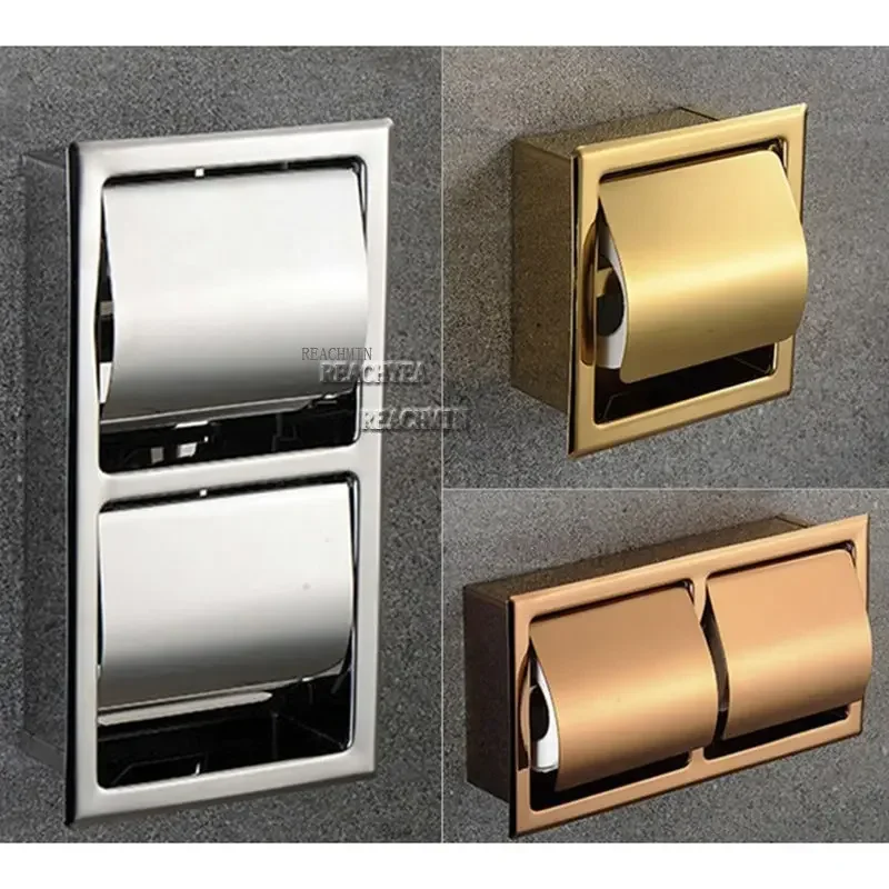 

Polished 304 Stainless Steel Wall Recessed Built-in Toilet Paper Holder Hidden Roll Paper Holder for Public Hotel Rose Gold