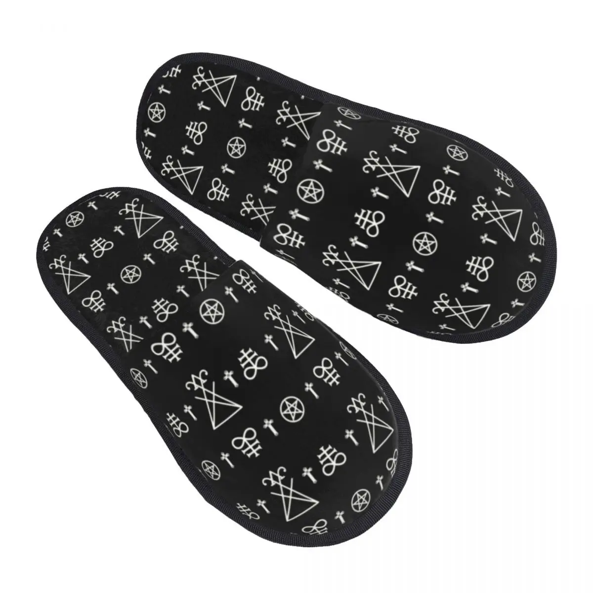 

White Satanic Sigils House Slippers Women Cozy Memory Foam Devil Baphomet Leviathan Cross Slip On Spa Slipper Shoes