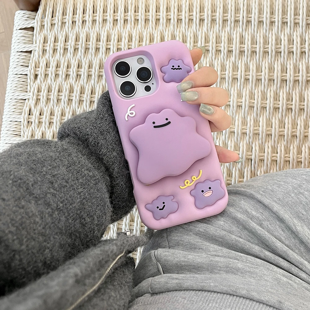 Funny 3D Cartoon Ditto Monsters Bracket Mirror Case For iPhone 17 16 15 14 13 12 Pro Max Soft Silicone Stand Holder Cover 4