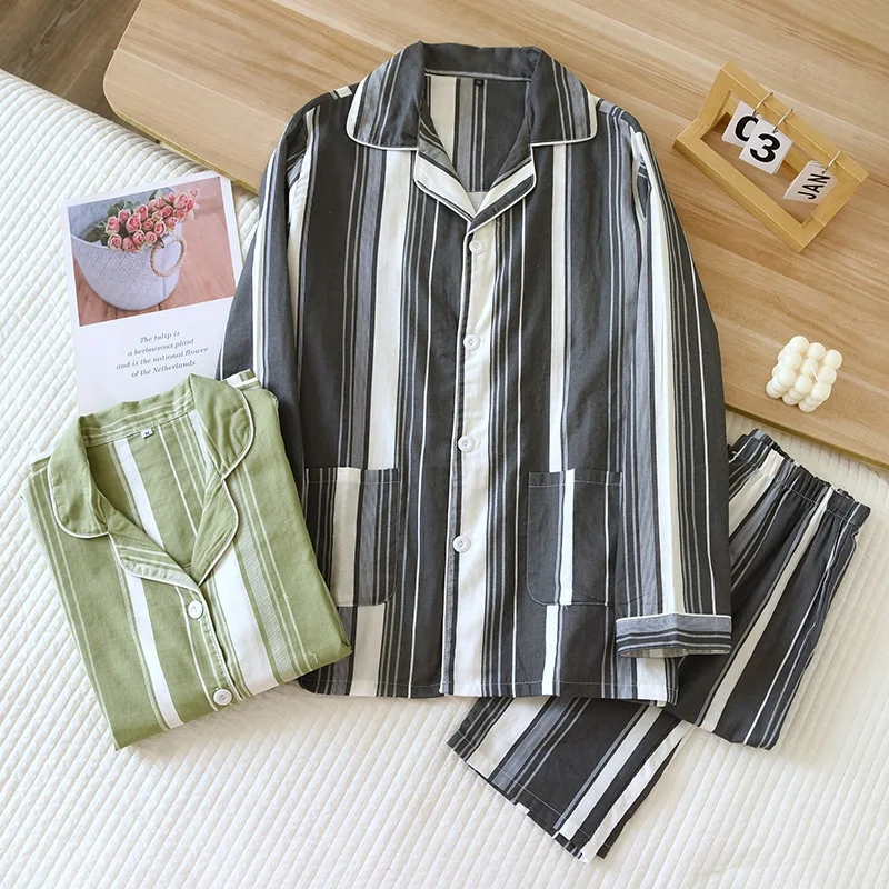 

Vertical Stripe Couple Pajamas Set Cotton Lapel Double Gauze Men Spring Women Long-sleeved Trousers Thin Home Sleepwear Pyjamas