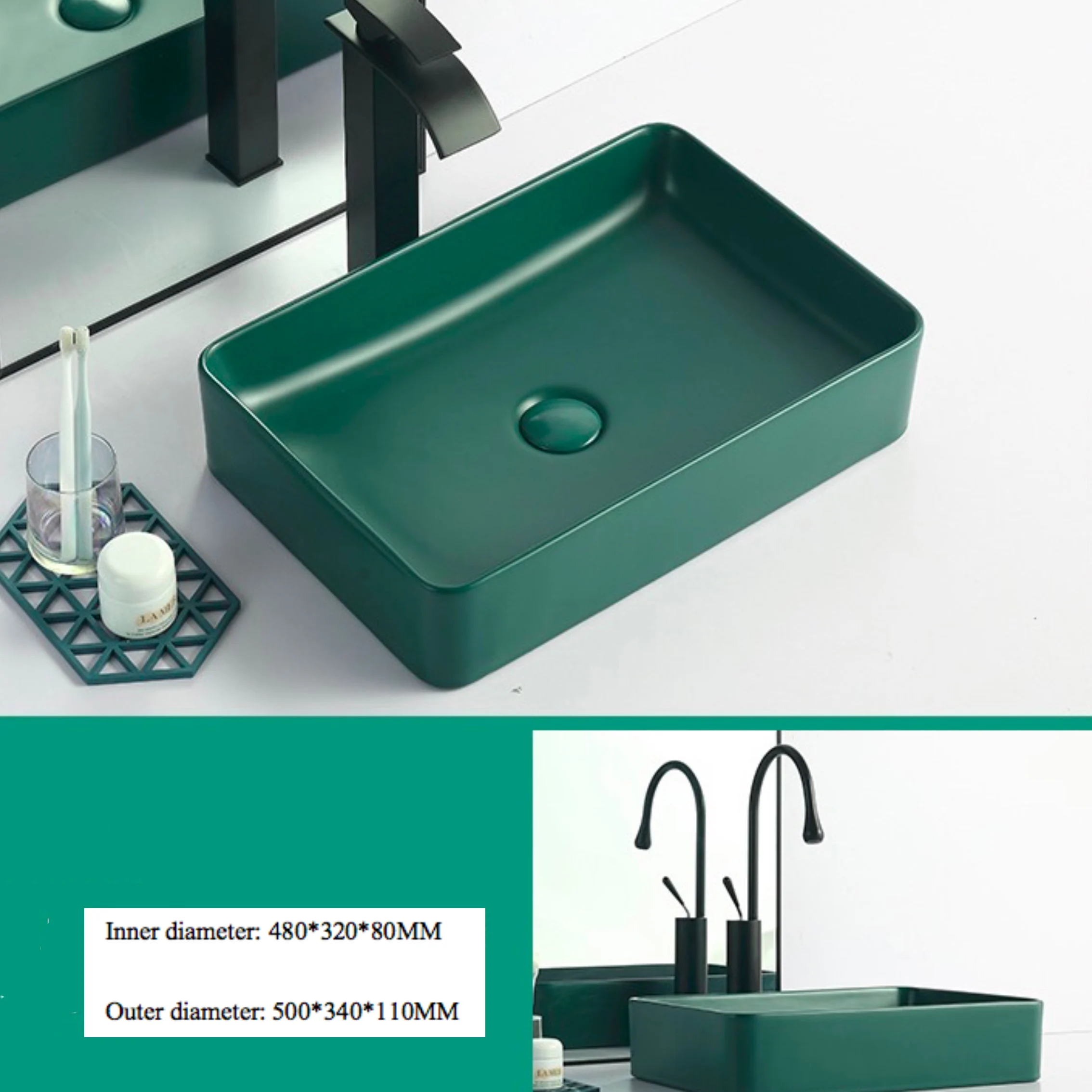 

480*320*80MM Dark Green Matte Ceramic Washbasin Bathroom Sink Balcony Washbasin Kitchen Countertop Art Basin With Faucet