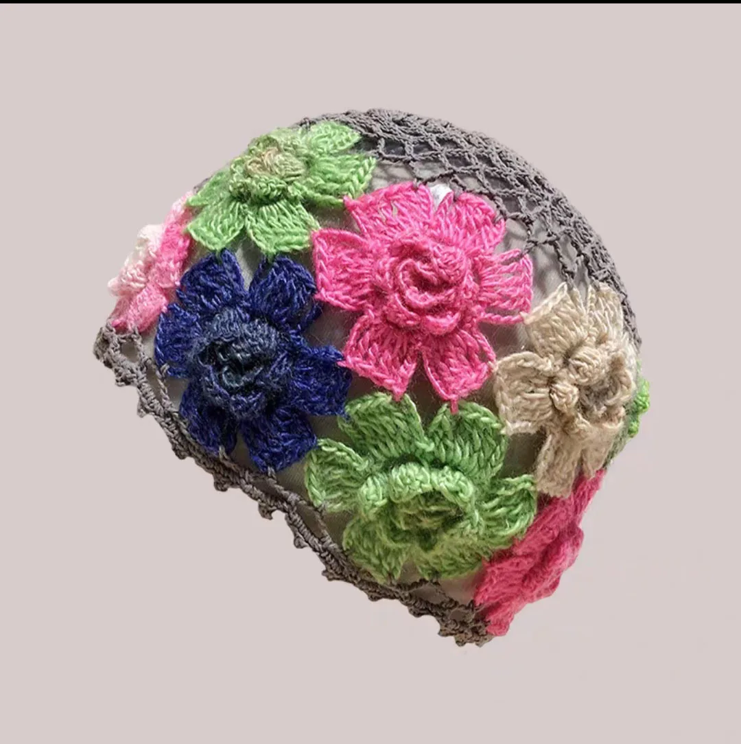 Spring and Summer New Style Literary and Artistic Colorful Flowers Hollow Baotou Cap Female Sweet Fashion Knitting Wool Cap Melo 6