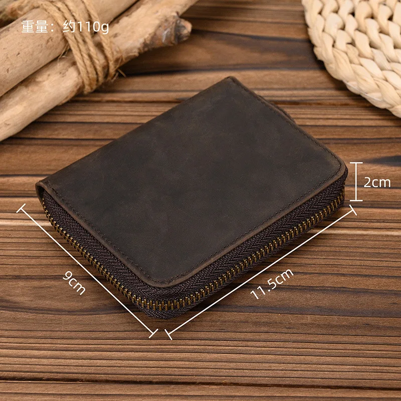 Vintage Short Leather Wallet with Zipper and Coin Pocket for Men