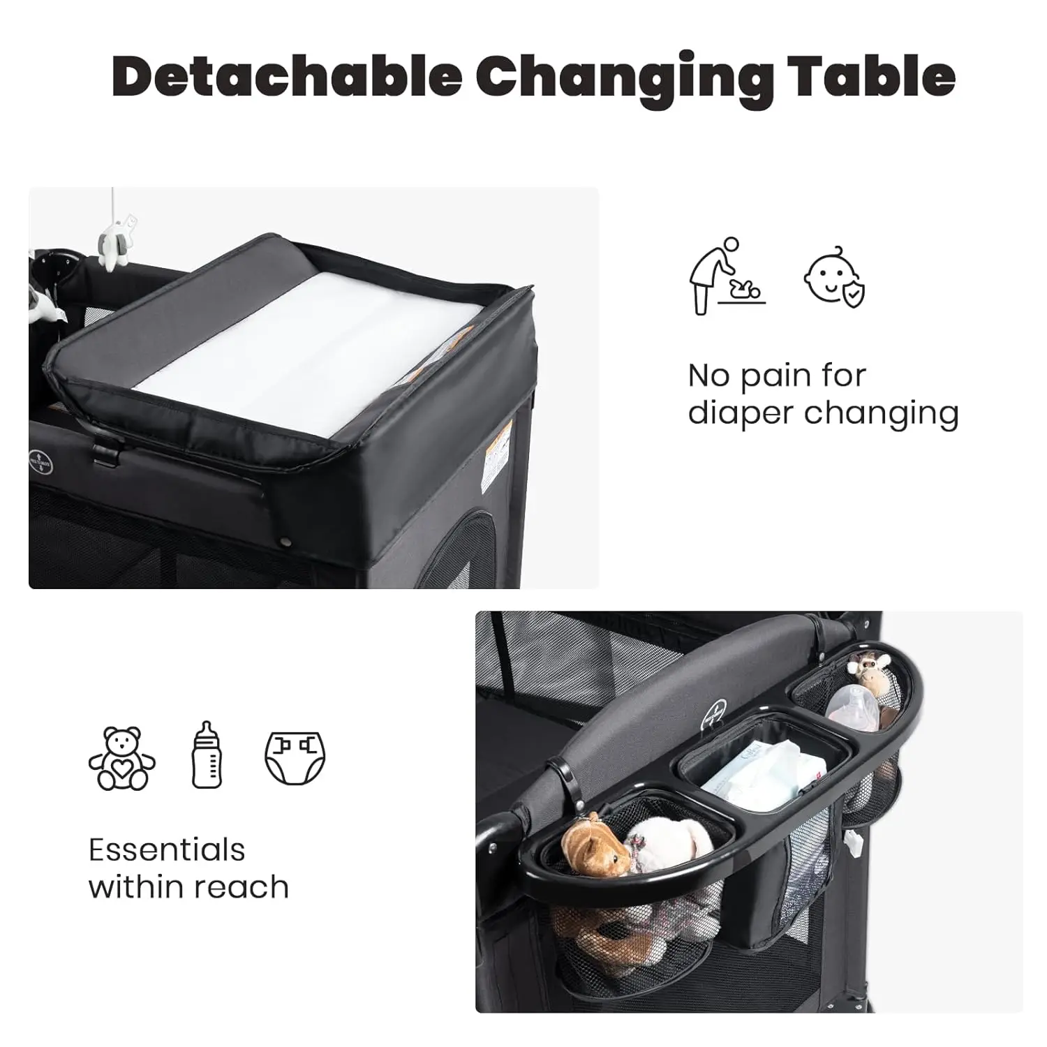 Baby Bassinets Bedside Sleeper, 4 in 1 Portable Bedside Crib w/Mattress, Diaper Changer, Storage Basket, Music Box, Carry Bag, F