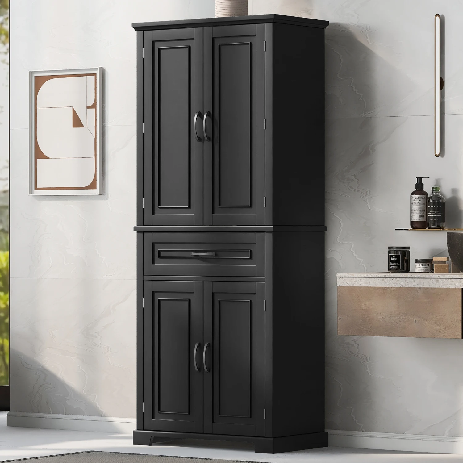 Bathroom Storage Cabinet with Doors and Drawer, Multiple Storage Space, Adjustable Shelf, Black 3