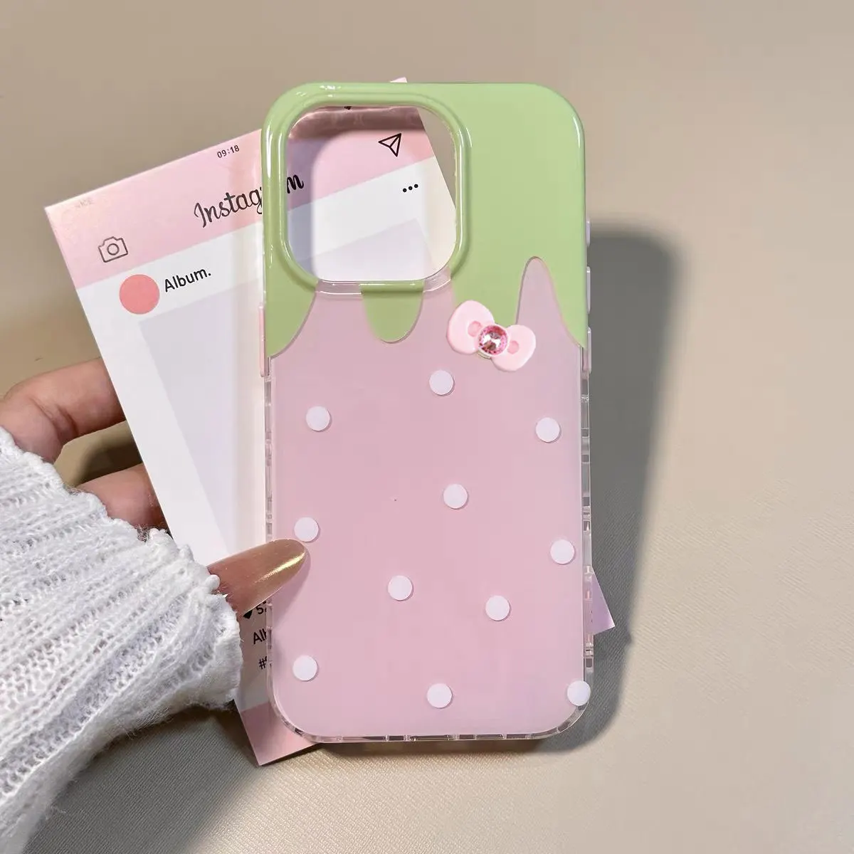 Korean Pink Cute Strawberry Polka Dot Bow Phone Case - Y2K Style Cover