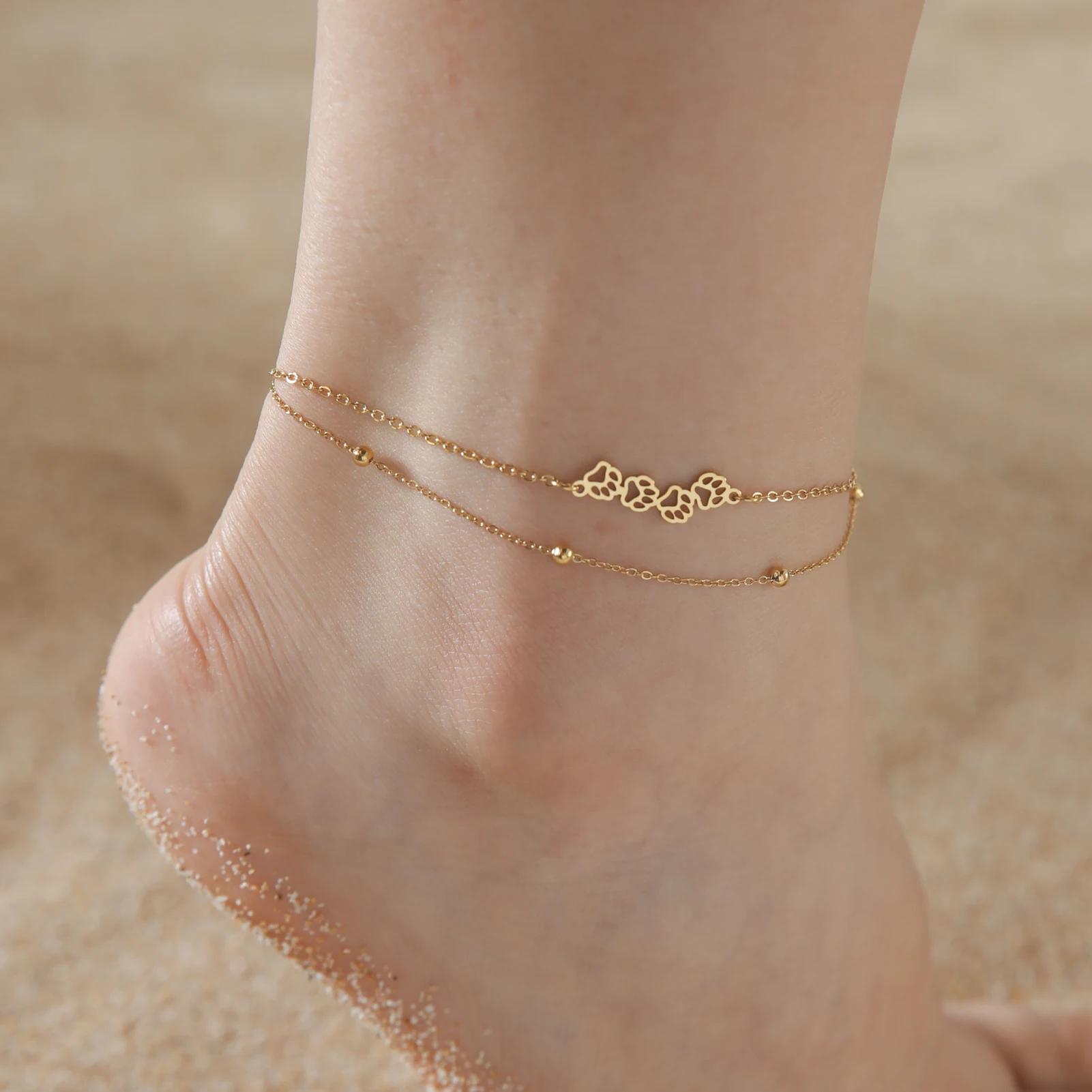 Cat Dog Paw Anklet Women Stainless Steel Double Layer Beads Chain Ankle Bracelet Animal Footprints - PeticaDeals