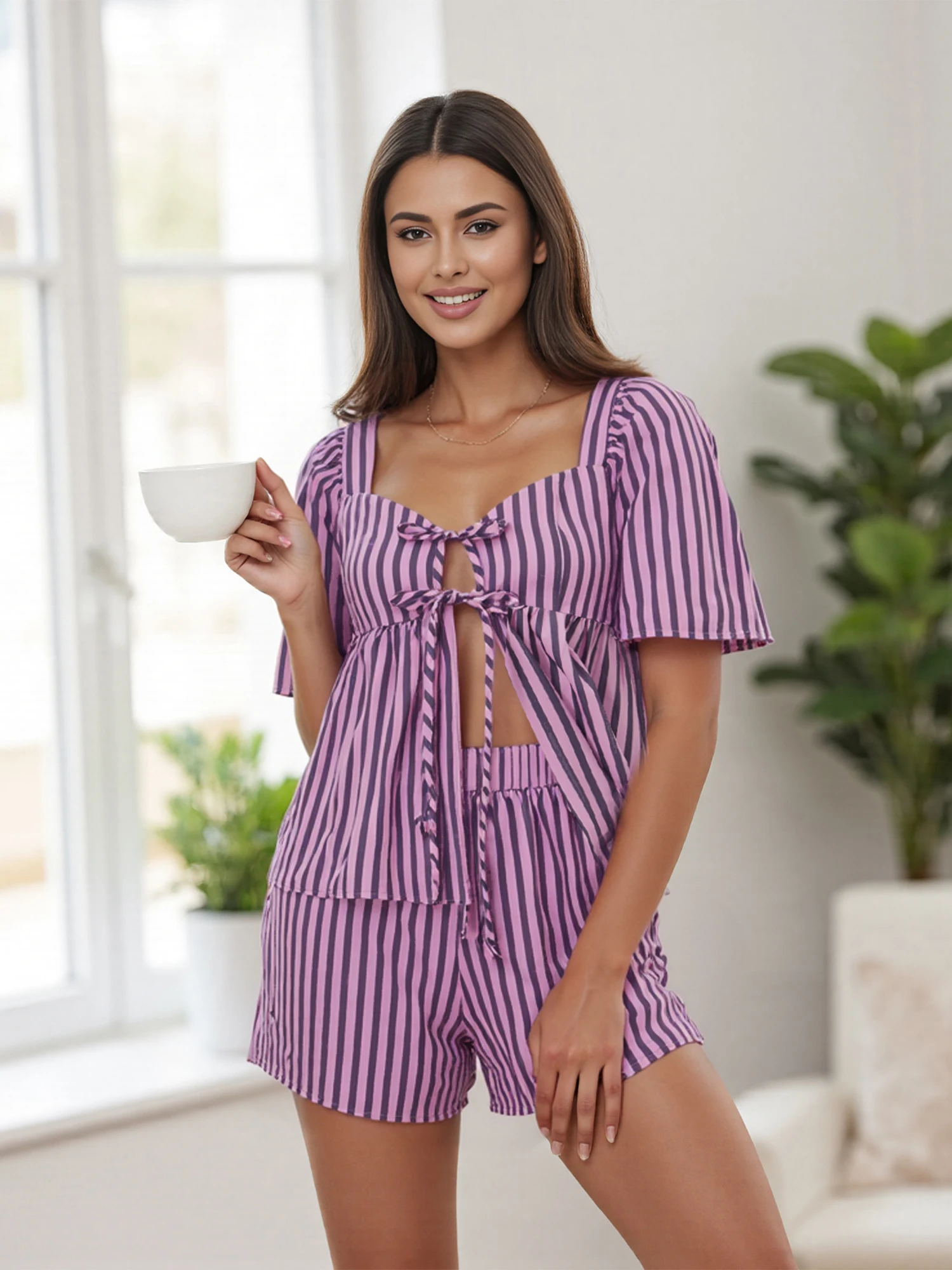 Women s Cozy Two Piece Pajama Set with Short Sleeve Striped Top and Matching Shorts for Comfortable Lounging