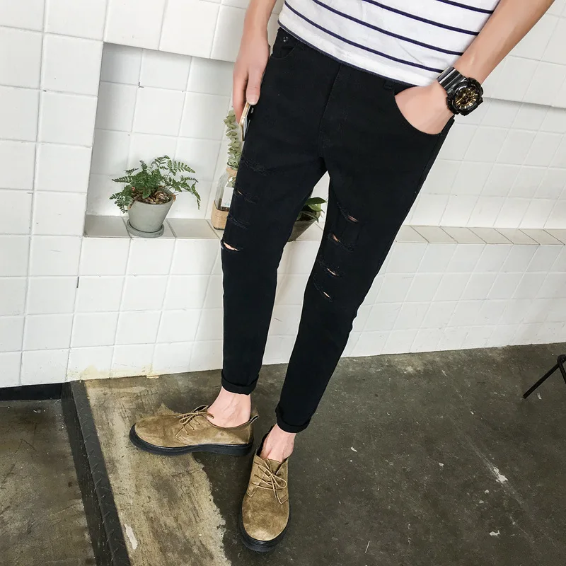 Trendy Black Ripped Hole Jeans Men's Spring Summer Teenagers New Brand Wild Casual Pants Teen Korean Loose Straight Trousers
