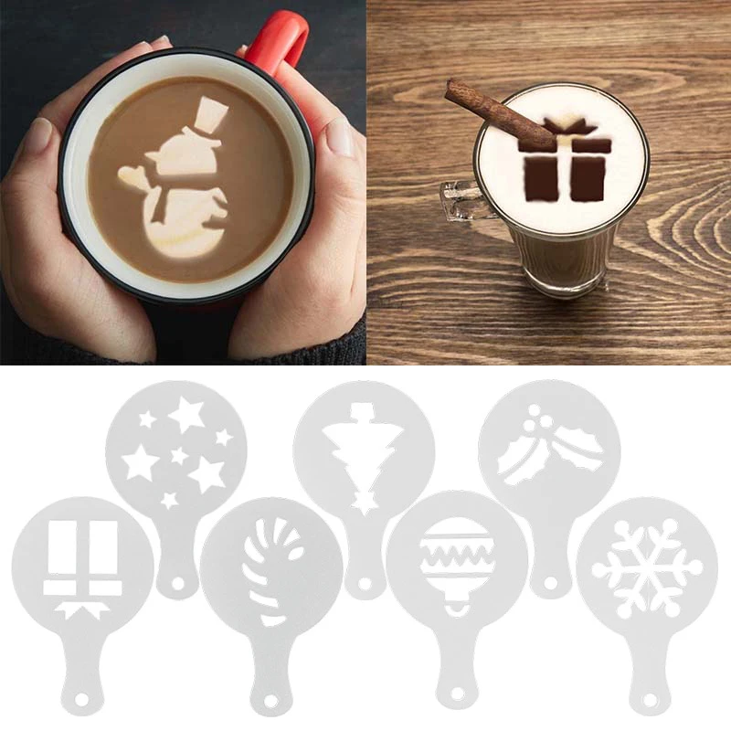 Description Picture 2 of item8pcs Christmas Coffee Printing Mold Cappuccino Latte Drawing Mold Coffee DIY Art Stencils Spreading Tool