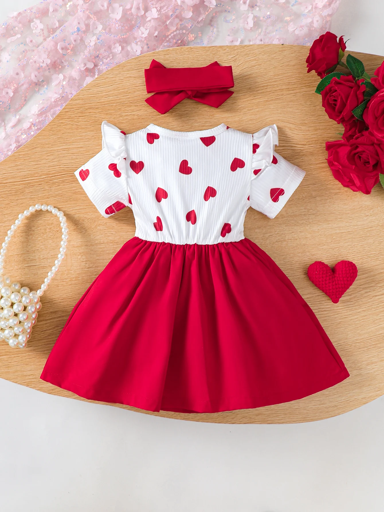 0-3Y Fashion Summer Baby Girl 2PCS Set Red Love Printed Bow Short Sleeve Dress+Headband for Sweet Clothing for Infants Children 2