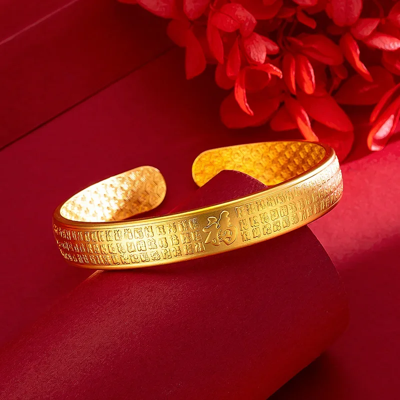 

Открытый браслет из чистого золота 18 карат желтого цвета, подходит для женщин, свадебные подарки, ювелирные изделия, классические украшения со ста благословениями и сердцем, оптовая продажа