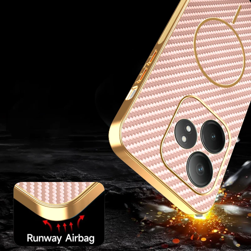 Premium Electroplating Leather Carbon Fiber Magnetic Ring Phone Case - Anti-Fall Protection