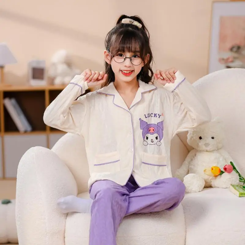 

Sanrios Anime Kuromi Pajamas Suit Cartoon Cinnamoroll Thickening Nightgown Two Piece Set My Melody Cute Warm Home Wear Children