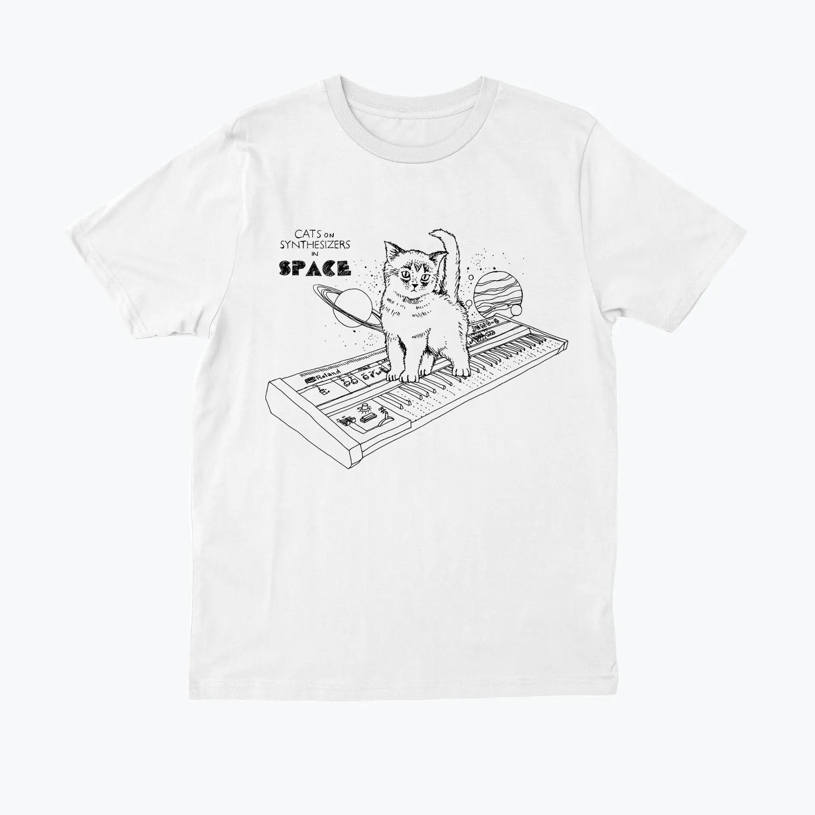 

Cats on Synthesizers in Space Slogan Women T-shirt Cute Cartoon Planet Puss Electronic Organ Print Female Shirt Trend Girl Tee