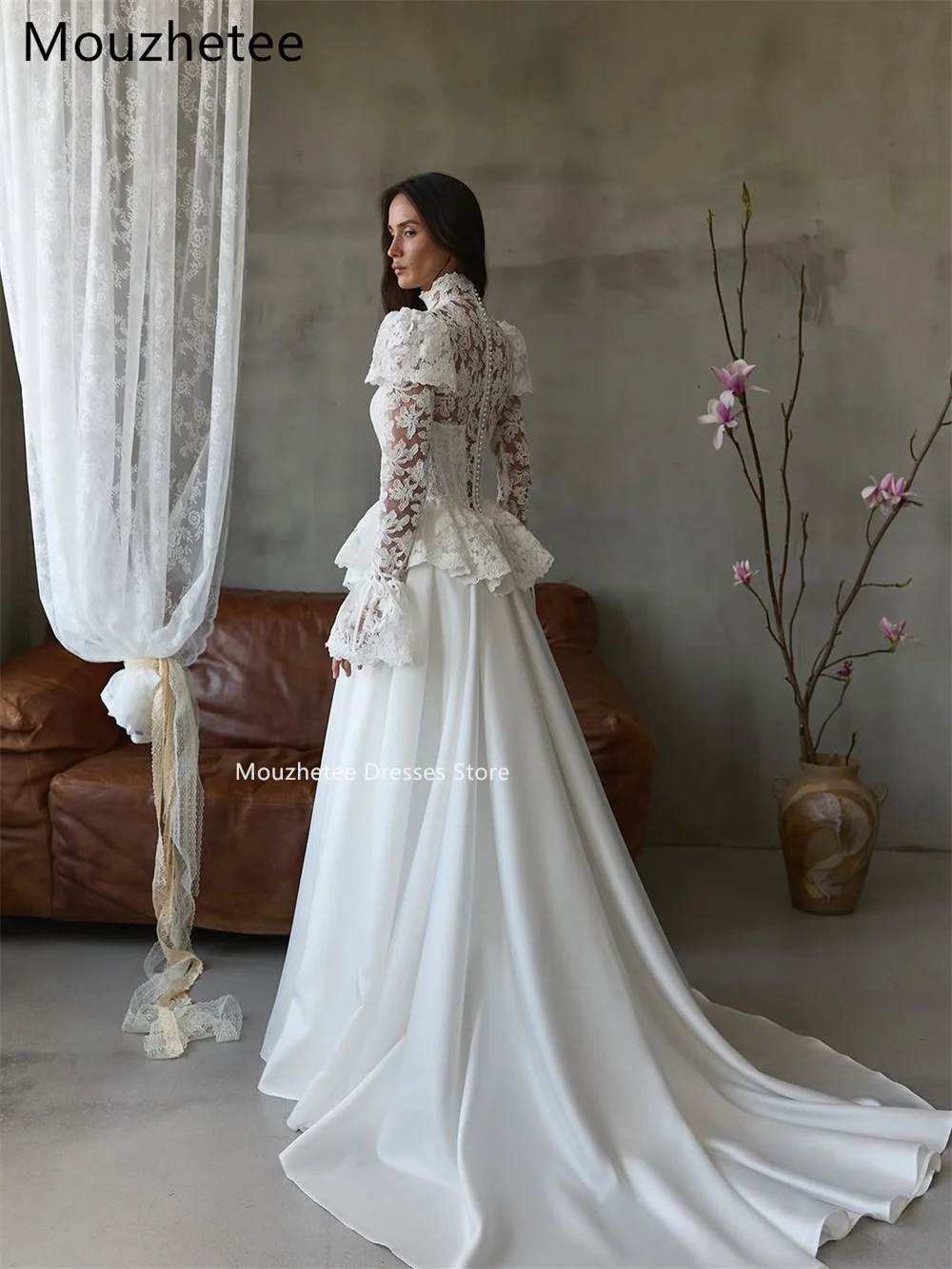 Mouzhetee A-Line Elegant O-Neck Lace Pleat Wedding Dresses Simple Long Sleeve Brides Gown Custom Made 2026