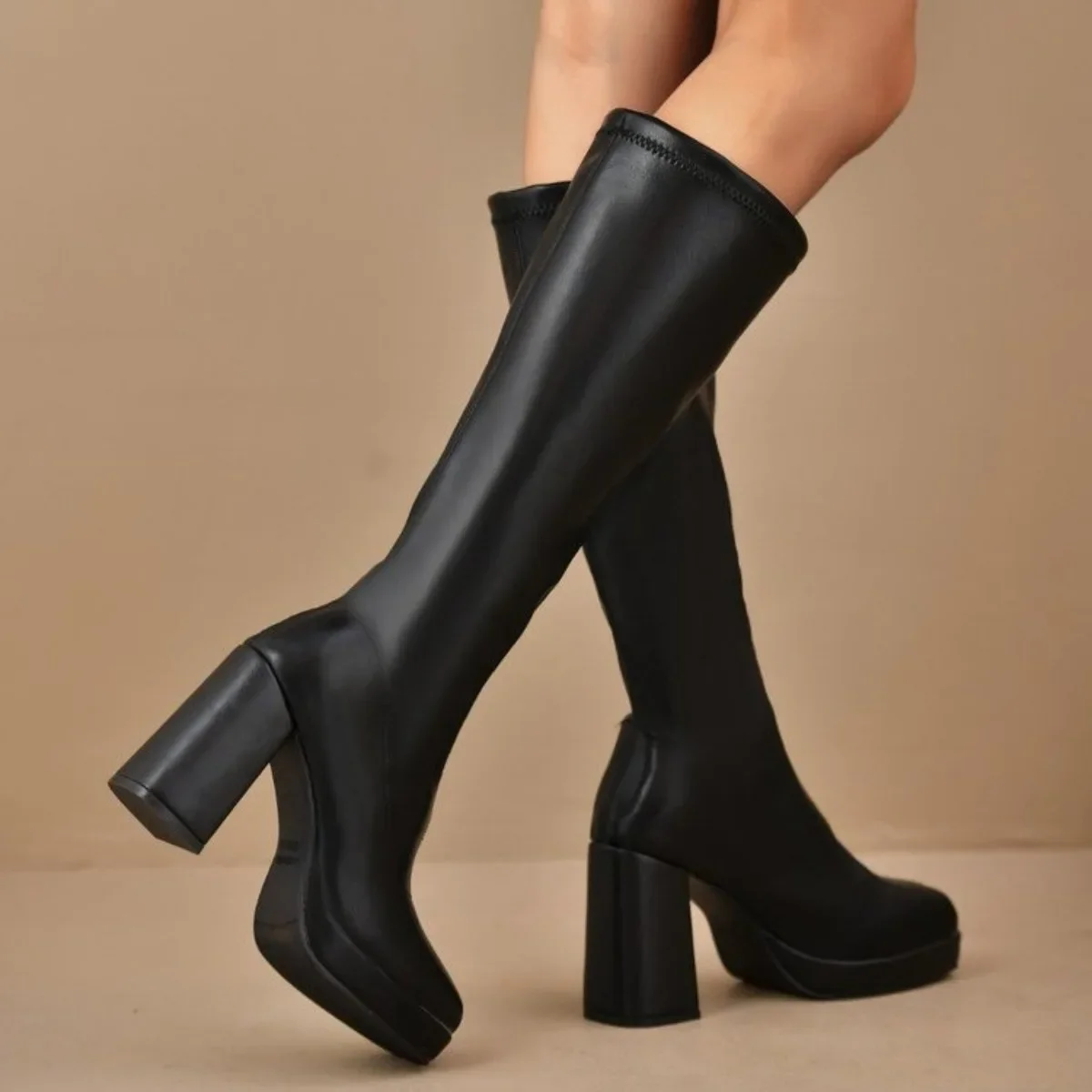 Winter New High Heel Women Knee High Boots Square Heels Casual Long Boot Shoes Ladies Designer Square Toes Fashion Knight Boots