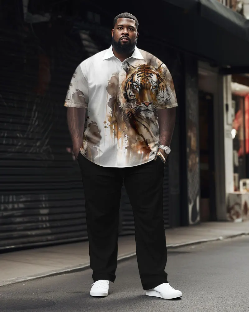 Biggmans Casual Two Piece Sets Shirt for Men's Clothing Geometric Short Sleeve Fanshion Business Pants Big Plus Size Suit