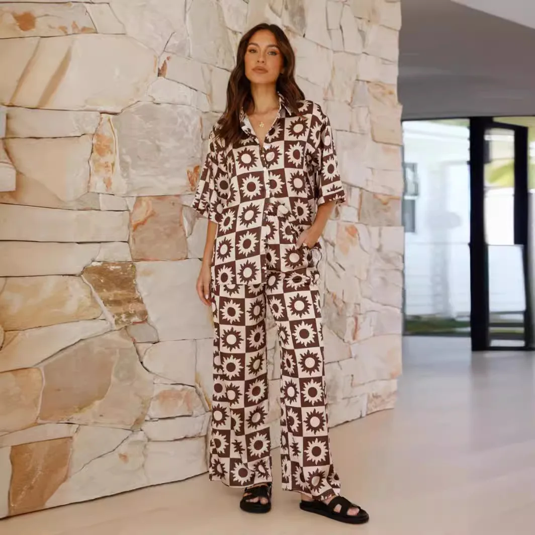 Women's 2-piece Summer New Casual Printed Long-sleeved Shirt Top Suit Fashionable Loose High-waisted Wide-leg Pants Suit
