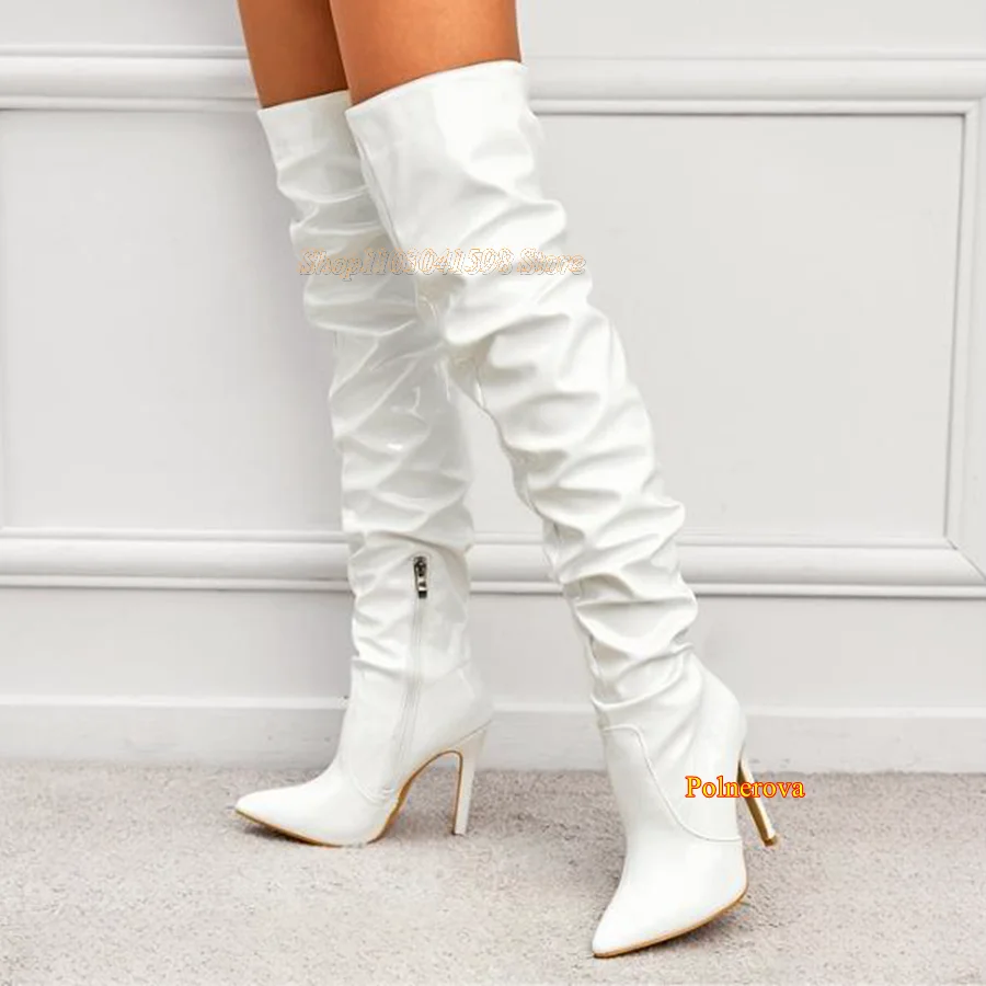 

Wrinkled Patent Leather Over The Knee Boots,Pointed Toe Zippered Stiletto Long Boots Women Shoes 2023 New Zapatos Para Mujere