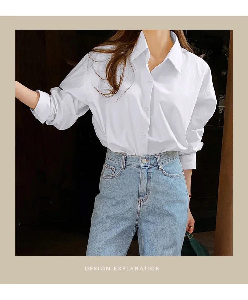 Neue Mode Frühling Herbst Einfache Und Casual Lose Vielseitig Reine Farbe Revers Hemd Frauen 100% Baumwolle Langarm Unterlage – Detail 8