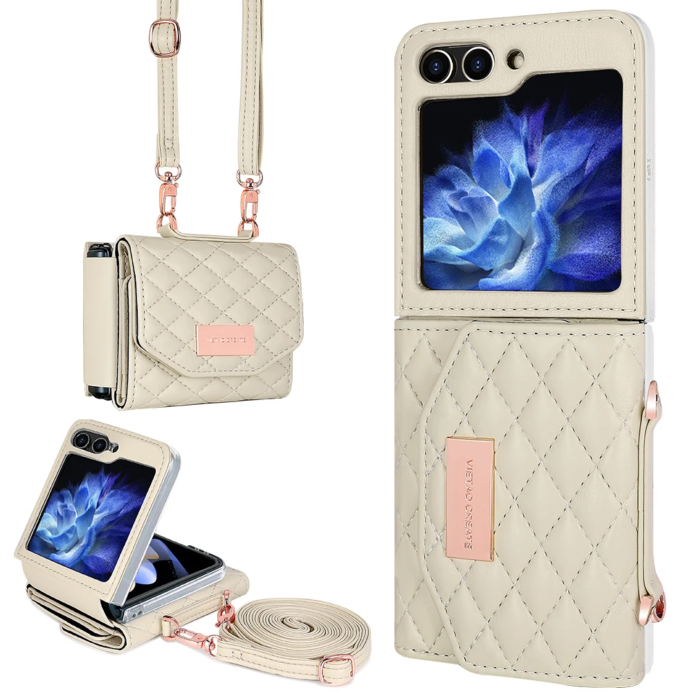 Custodia a portafoglio in pelle con tracolla e carte Solt per Samsung Galaxy Z Flip 6 5 4 3 5G Flip6 Flip5 con cinturino a diamante e tripla piega_voghion.com