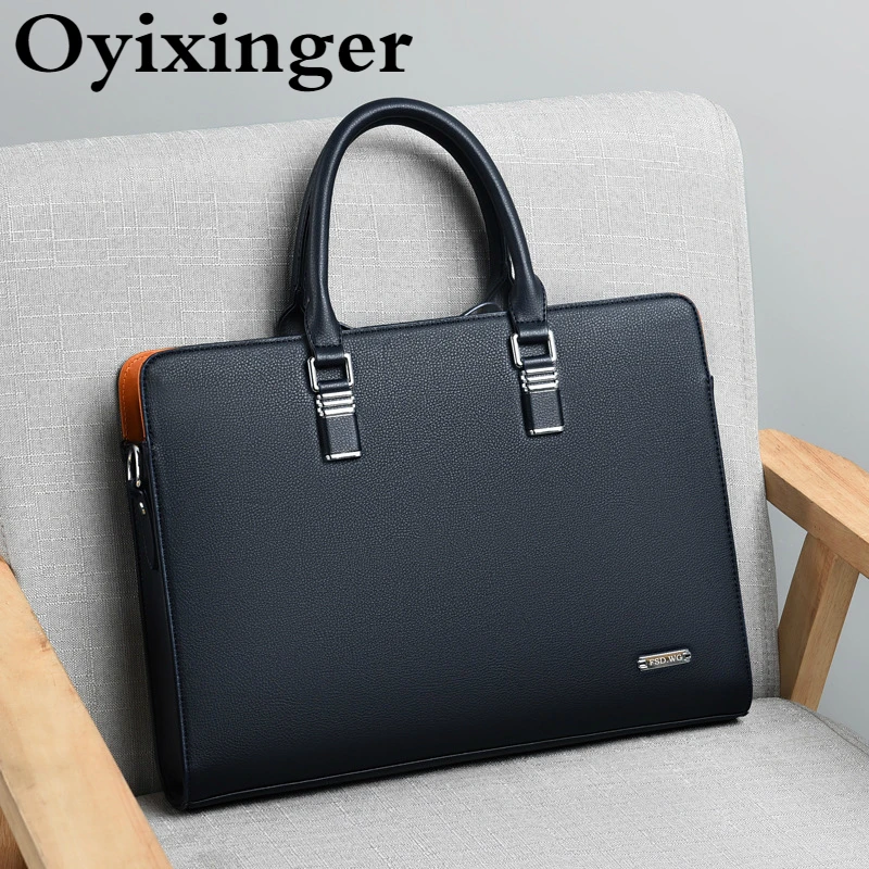 Oyixinger-Bolsa de couro para homens, pasta de negócios, bolsa casual, grande capacidade, laptop de 14 