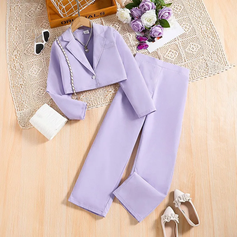 

2023 New Clothing Set Girls Long Sleeve Turn-down Collar Purple Trousers Cute 2 Pcs Sets Casual Girls Clothes Sets 18M-7T