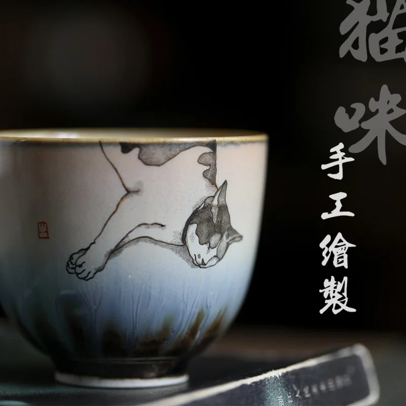 

Jingdezhen Hand-Painted Porcelain Tea Tasting Cup Master Cup Women's Single Handmade Kiln Baked Hand-Painted Cat Cup Kung Fu Tea