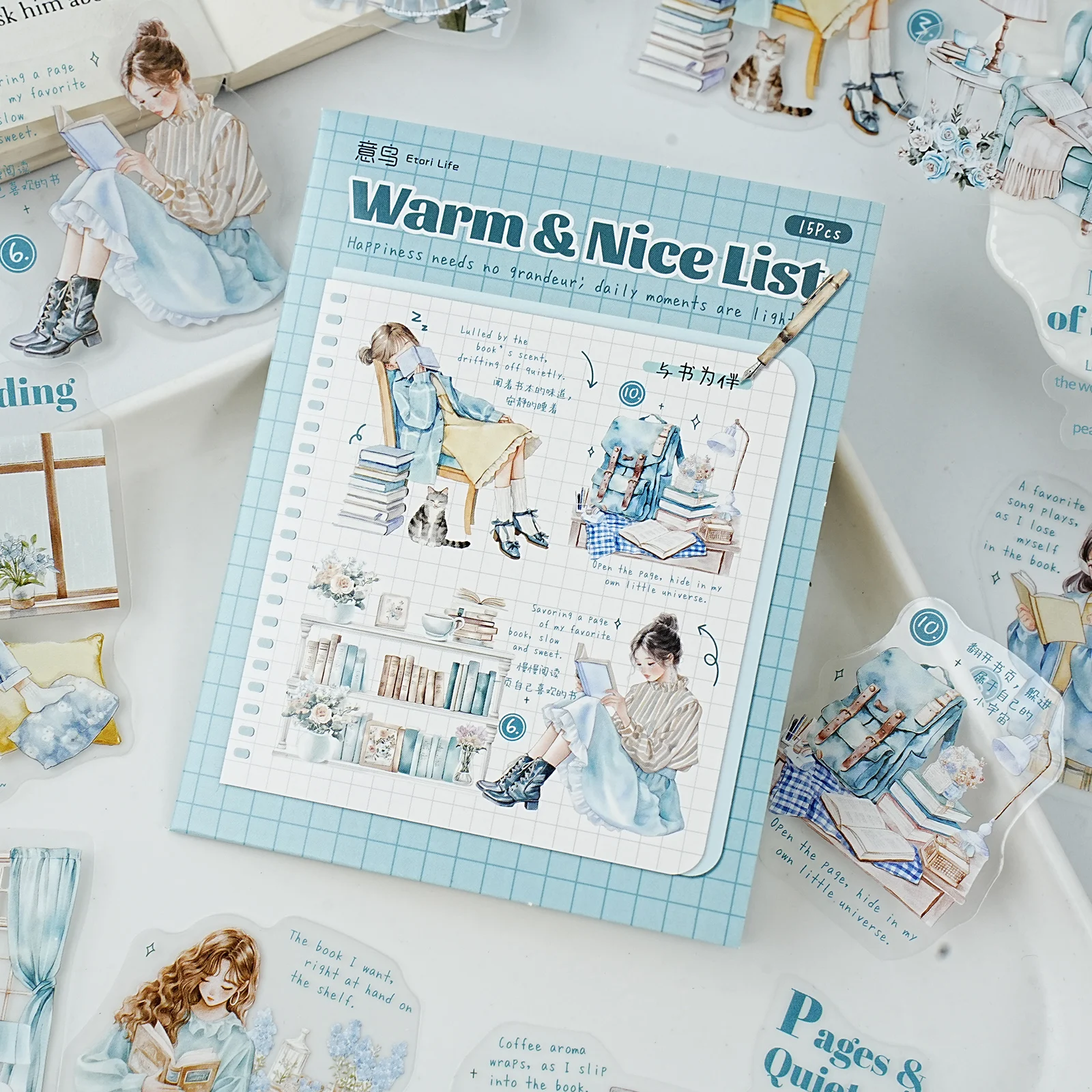 Etori Life 15Pcs 조용한 독서 코너 스티커 DIY 일기, 노트북, 여행 가방, 물병, 사진 앨범, 냉장고, 기타, 사무실 장식 액세서리, 수제 스크랩북 용품, 방 장식, 봉투 및 선물 종이 가방,