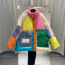 Loose Overcoat 2024 Winter New Color Contrast Splicing Standing Collar Down Jacket Fashion Long-Sleeved Women's Down Jacket Y219