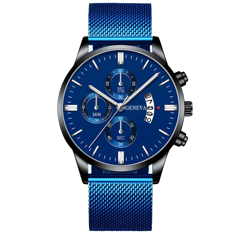 2021 Men's Fashion Business Calendar Watches Men Luxury Blue Stainless Steel Mesh Belt Analog Quartz Watch relogio masculino 