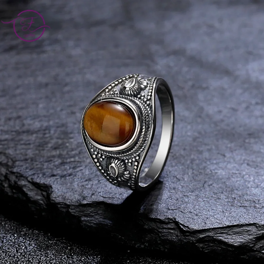 

S925 Silver Ring Natural Tiger's Eye Stone Ring for Men Women Vintage Finger Ring Luxury Rhodochrosite Stone Jewelry