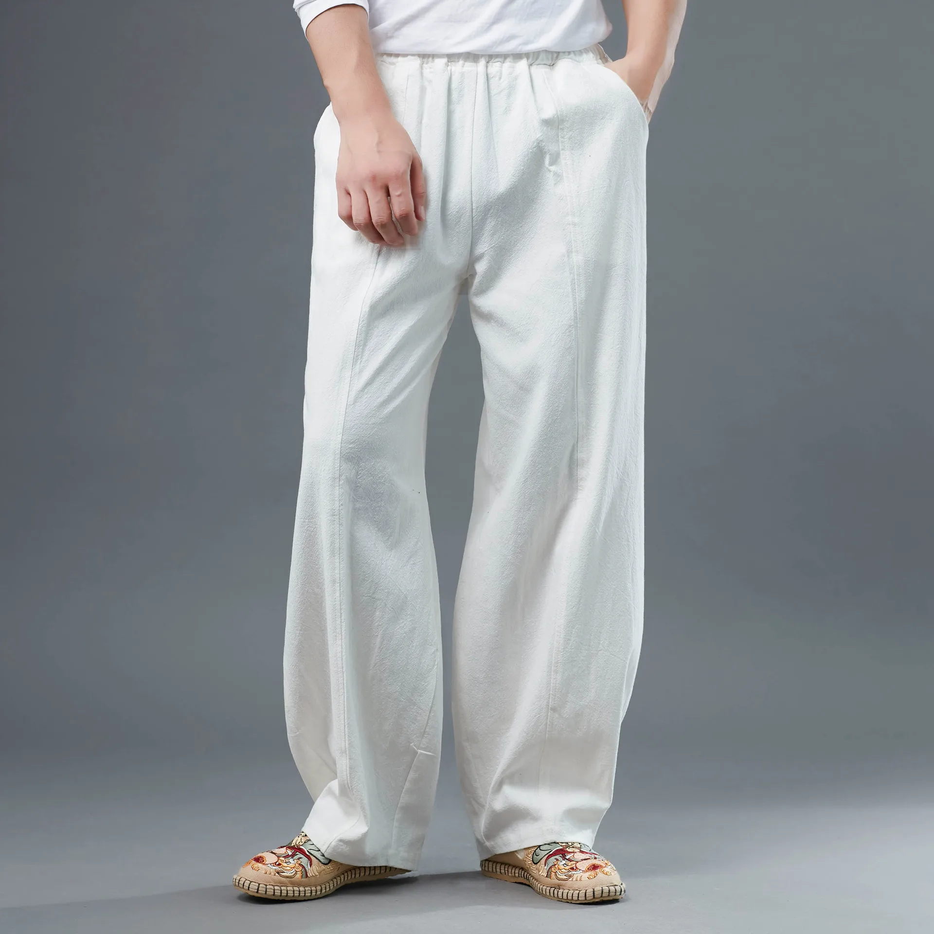 Men Straight pants Linen summer elastic waist long trousers casual Chinese style 