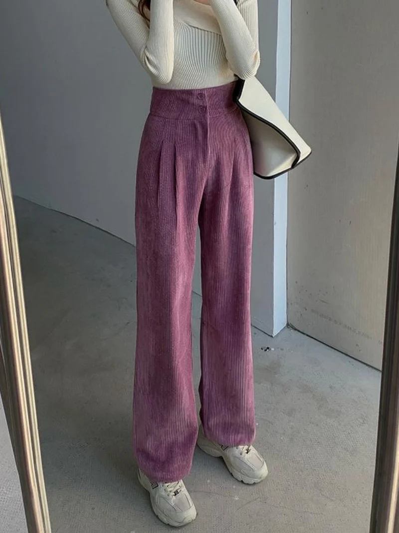 Fashion Women Corduroy Long Pant High Waist Double Button Loose Female Straight Leg Trousers Casual Pantalon Femme 2023 New