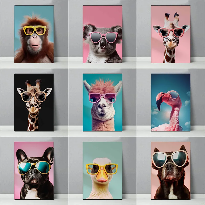 Occhiali Da Sole Animali Giraffa Koala Duck Flamingo Alpaca Dog Gorilla Poster Stampa Wall Art Pictures Canvas Painting Room Home Decor