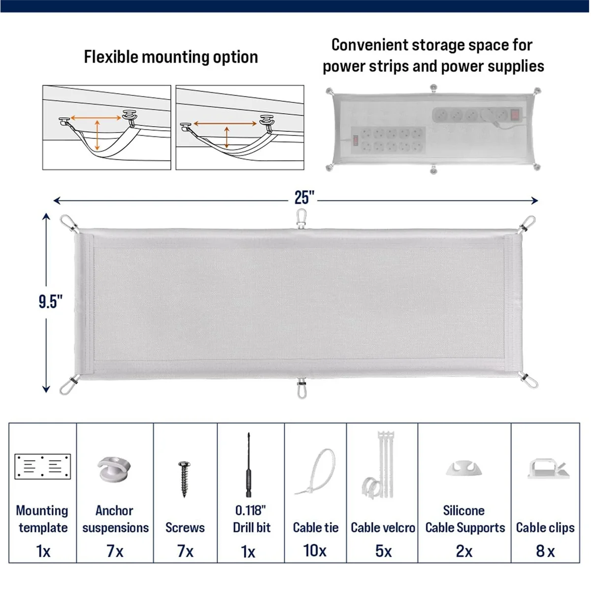 Cable Management Net-Under Desk Wire Management-Flexible Under Desk Cable Tray White A DY