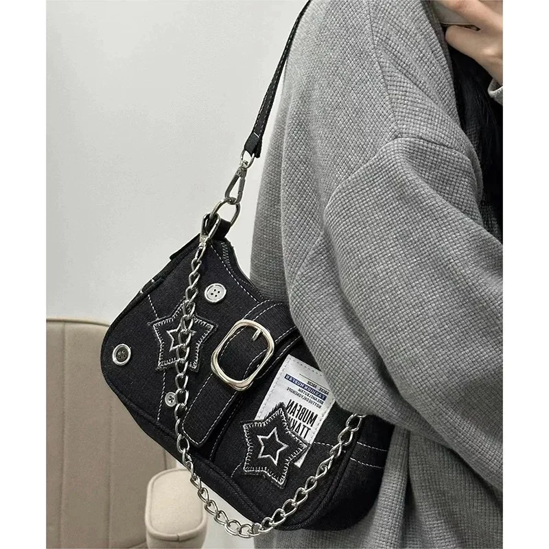

Fashion Women's Shoulder Bag Black Canvas Female Small Handbag Y2k Chain Tote Purses Stars Pattern Cool Girls Underarm Bag
