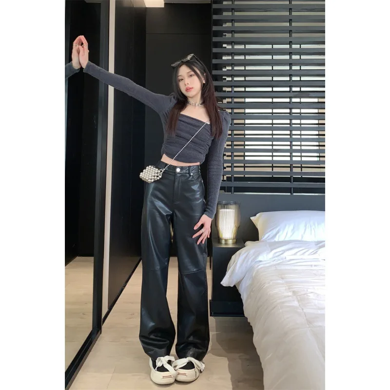 2024 Spring New Korean Women Leather Pants High Waist Straight Slimming Side Pockets Solid Color Casual Party Trousers Y2k