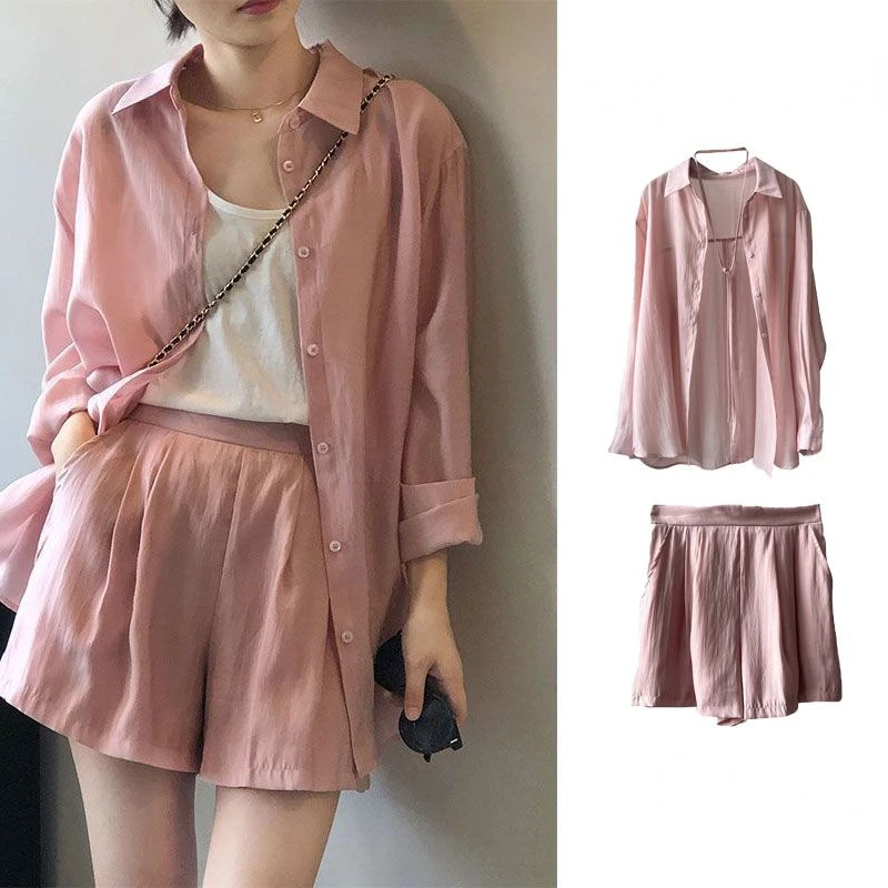

Женский костюм из рубашки Tencel, повседневный кардиган с длинными рукавами и шорты для защиты от солнца, весна-осень 2023